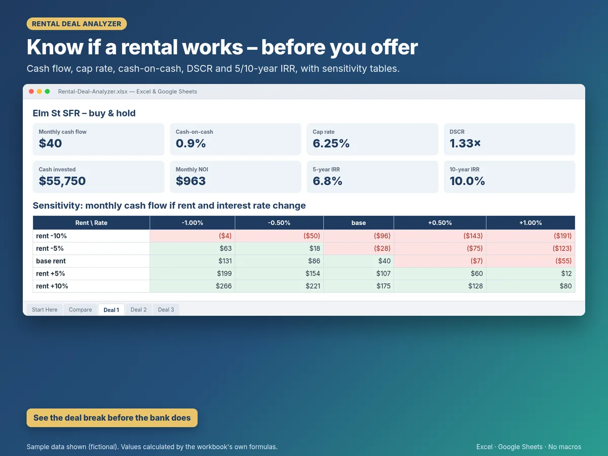 Rental Deal Analyzer deal tab showing cash flow, cap rate, DSCR, IRR and a rent-versus-rate sensitivity table