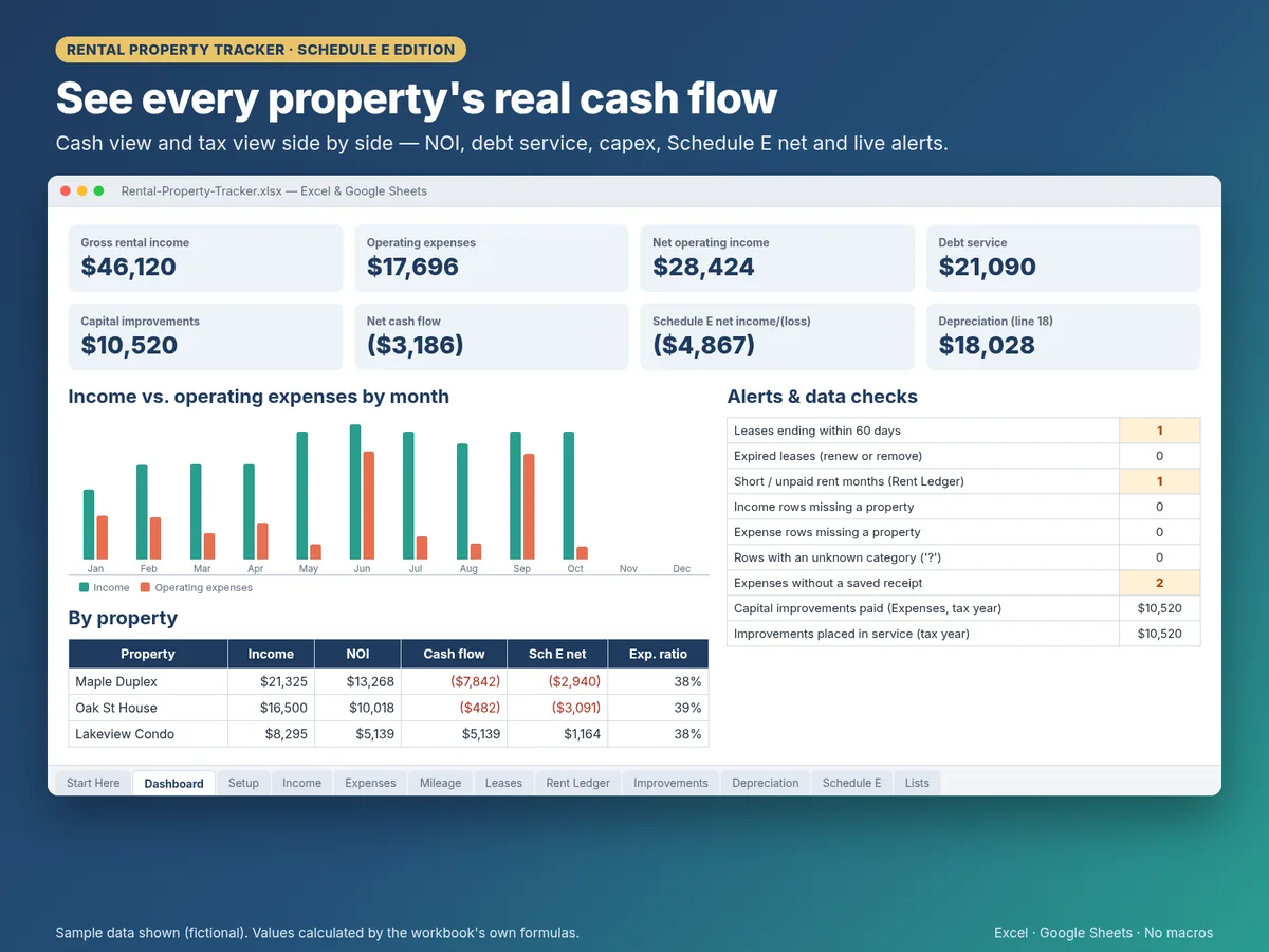 Rental Property Tracker dashboard showing NOI, cash flow, Schedule E net and alerts